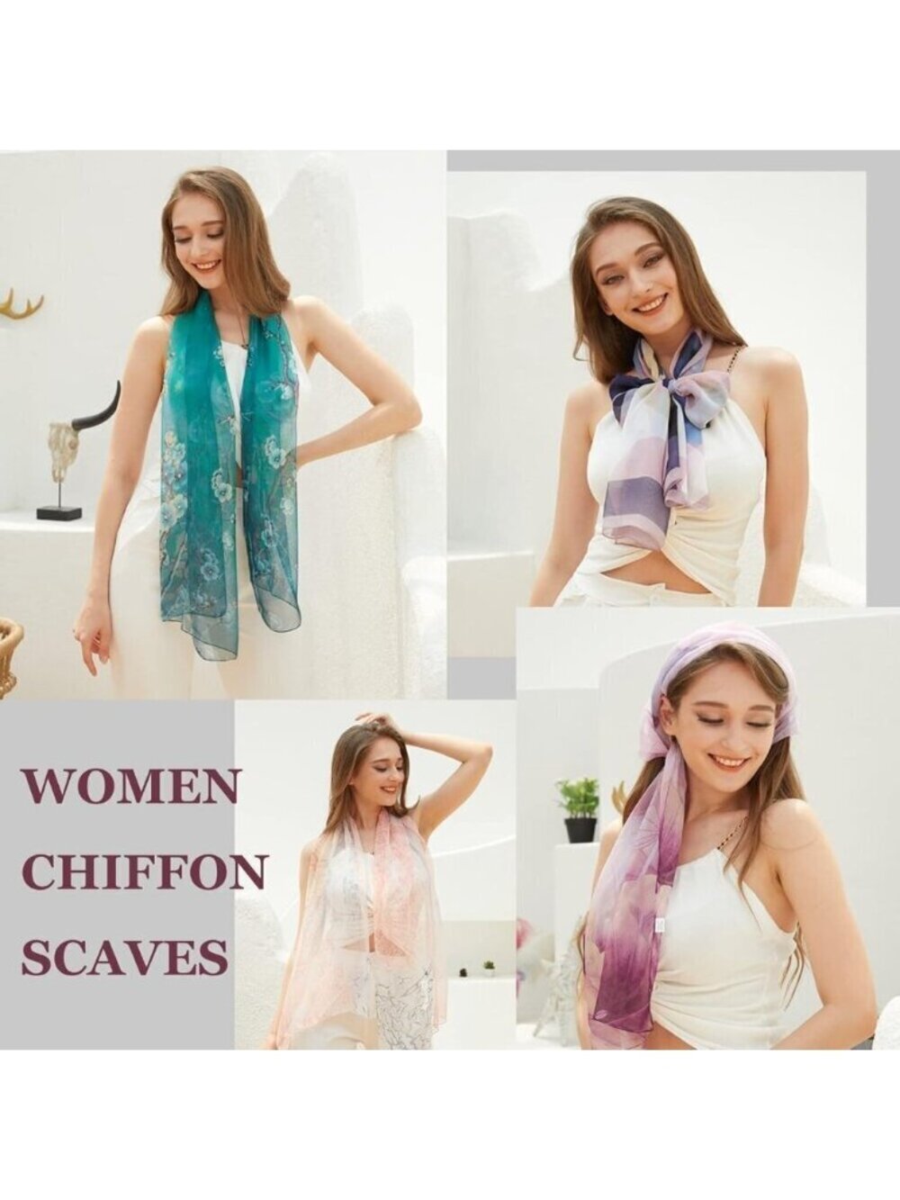 Women's Dark Green Fashion Lightweight Head Scarf Floral Print Chiffon Scarf - Picture 6 of 7